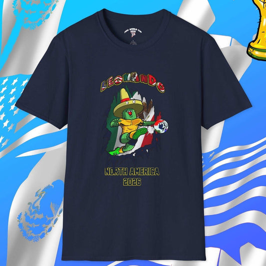 Front view of the 2026 World Cup Solid Navy tee featuring Leonando the Cactus and a 3D Mexico flag breakthrough.