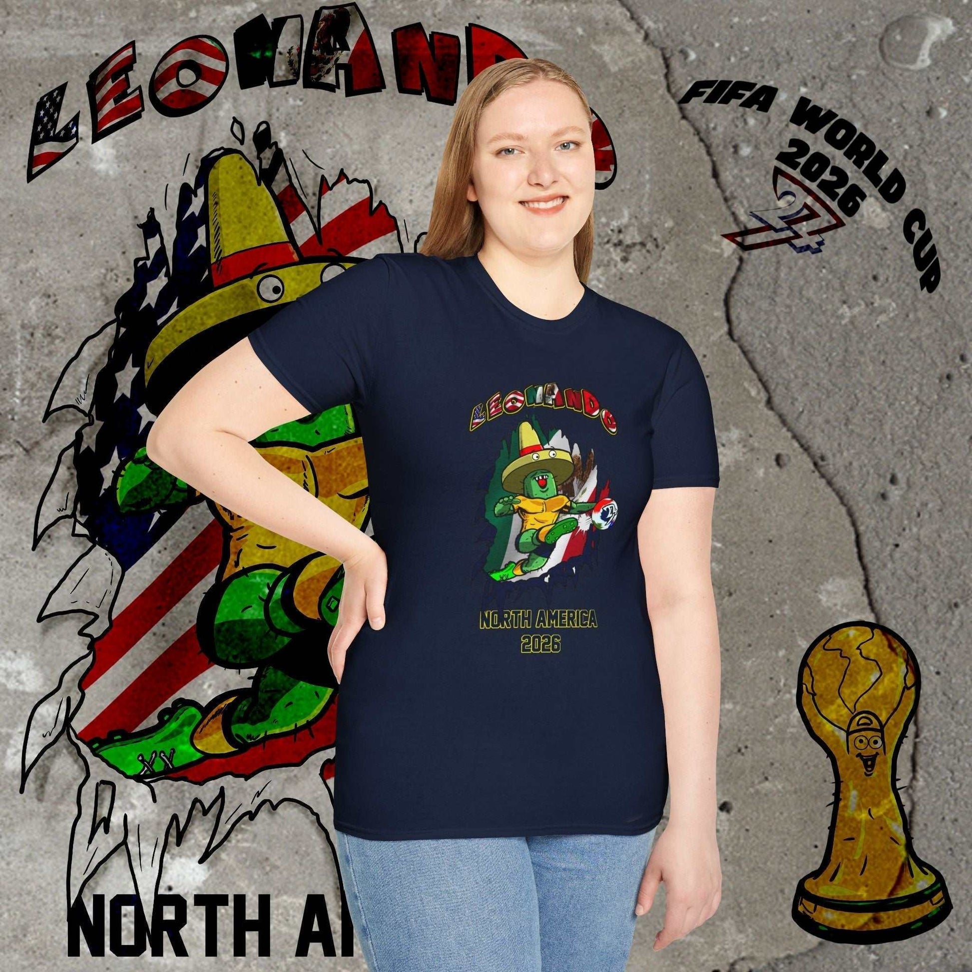 Female model wearing the Solid Navy Leonando Mexico 3D tee, highlighting the seamless tubular knit construction.