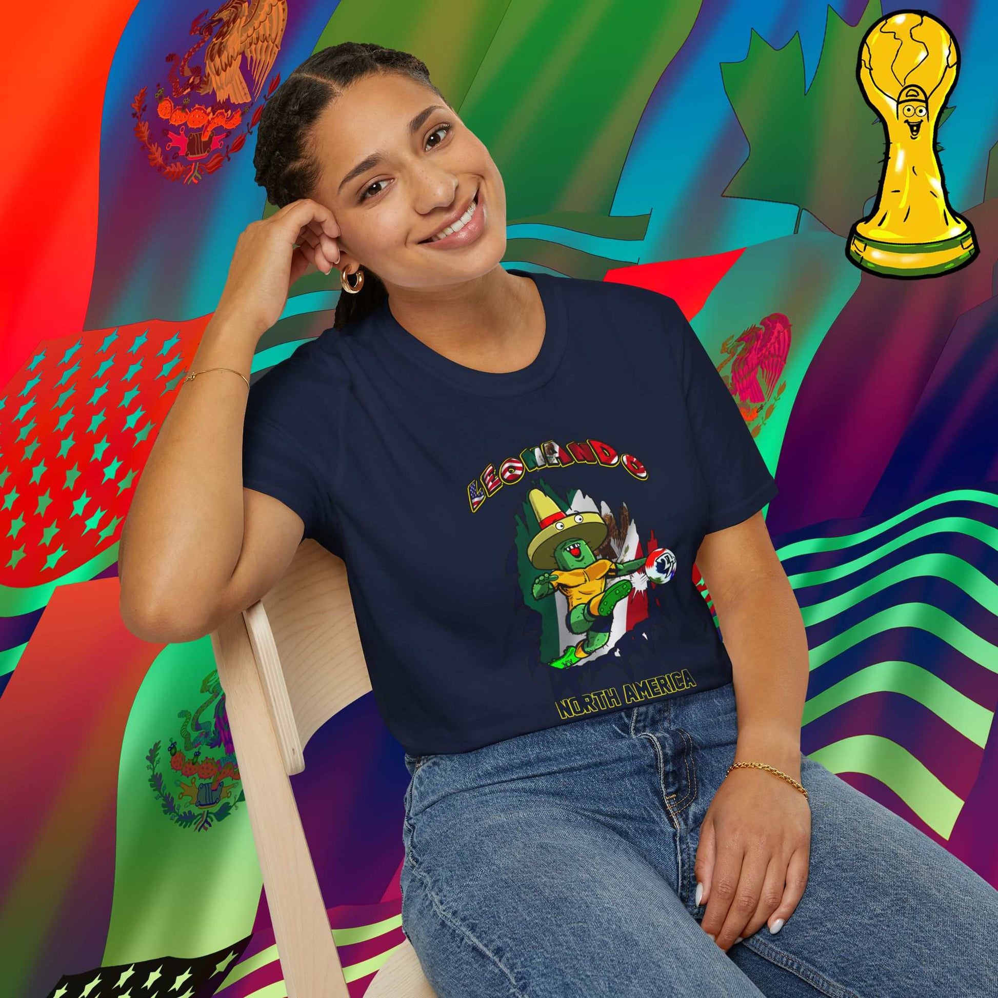 Female model styling the Solid Navy Mexico mascot shirt, showing the vibrant flag contrast against the navy base.