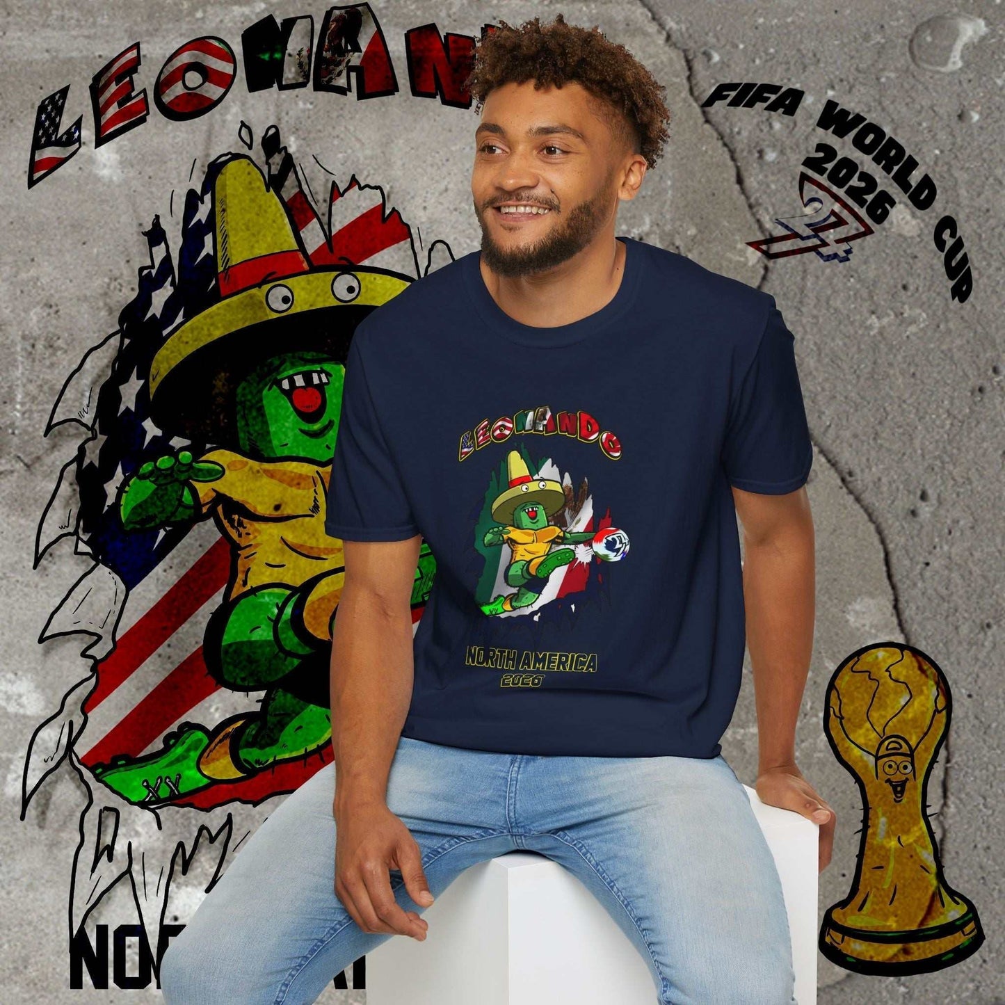 Male model in the 2026 World Cup Navy shirt, highlighting the tricolor 'LEONANDO'S' arched branding.