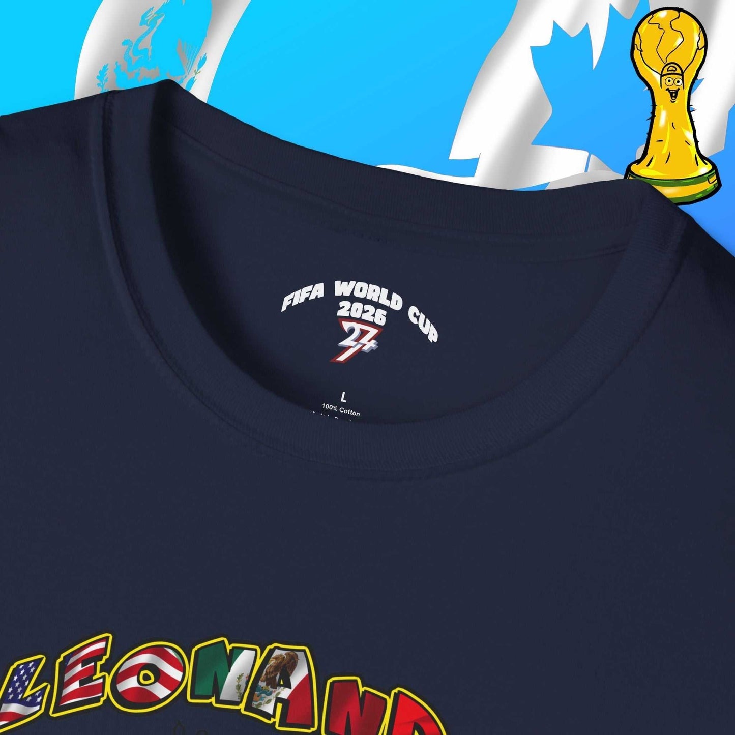 Macro view of the Solid Navy tee collar featuring the official 2026 World Cup text alongside the signature 24/7 Unique Designs trademark logo.