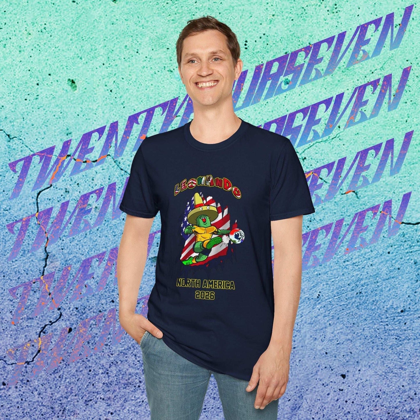 Male model in the 2026 World Cup Navy shirt, showcasing the arched tricolor 'LEONANDO'S' branding and sleeve drape.