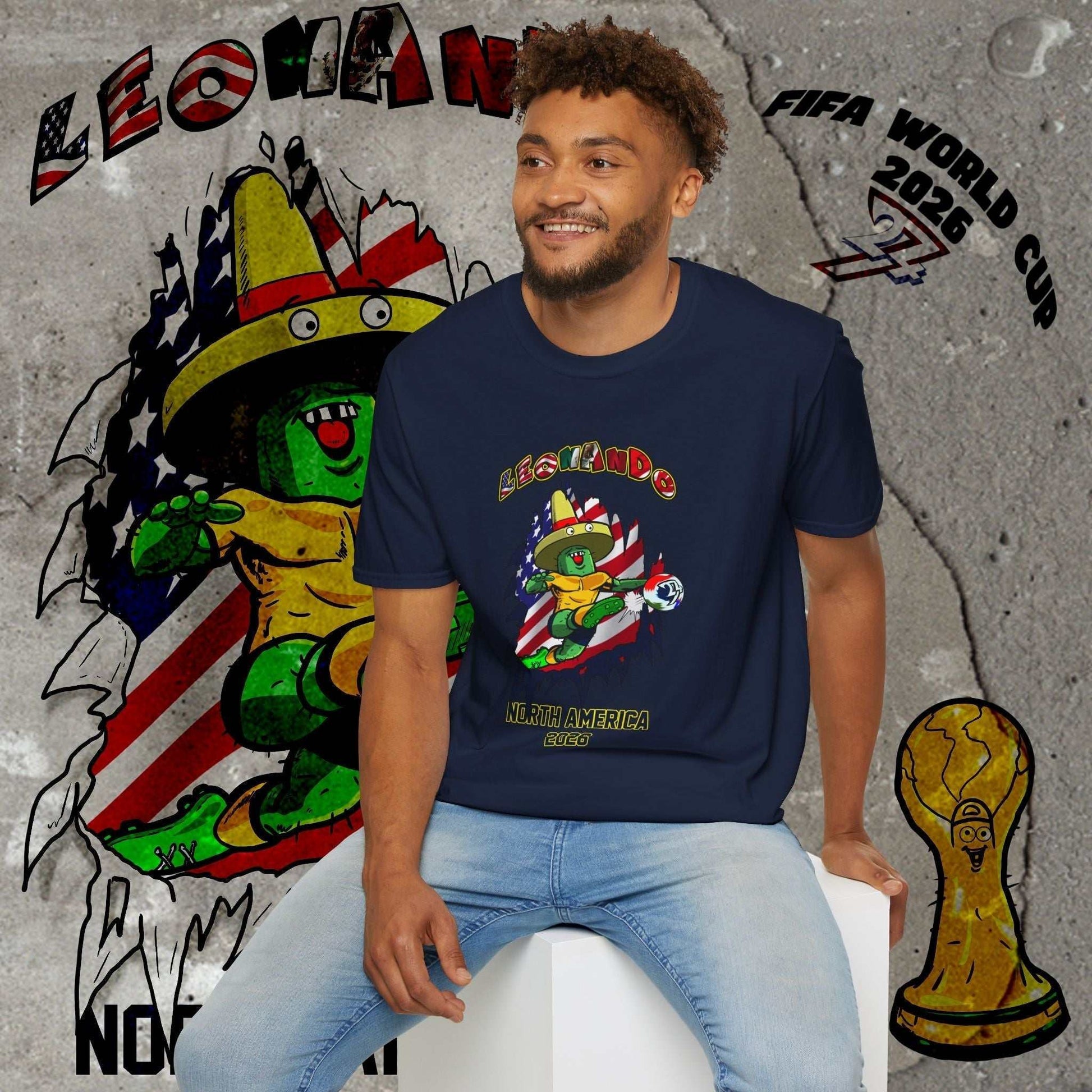 Male model wearing the Solid Navy Leonando USA 'Spectral' tee, showing the 3D graphic impact and regular athletic fit.