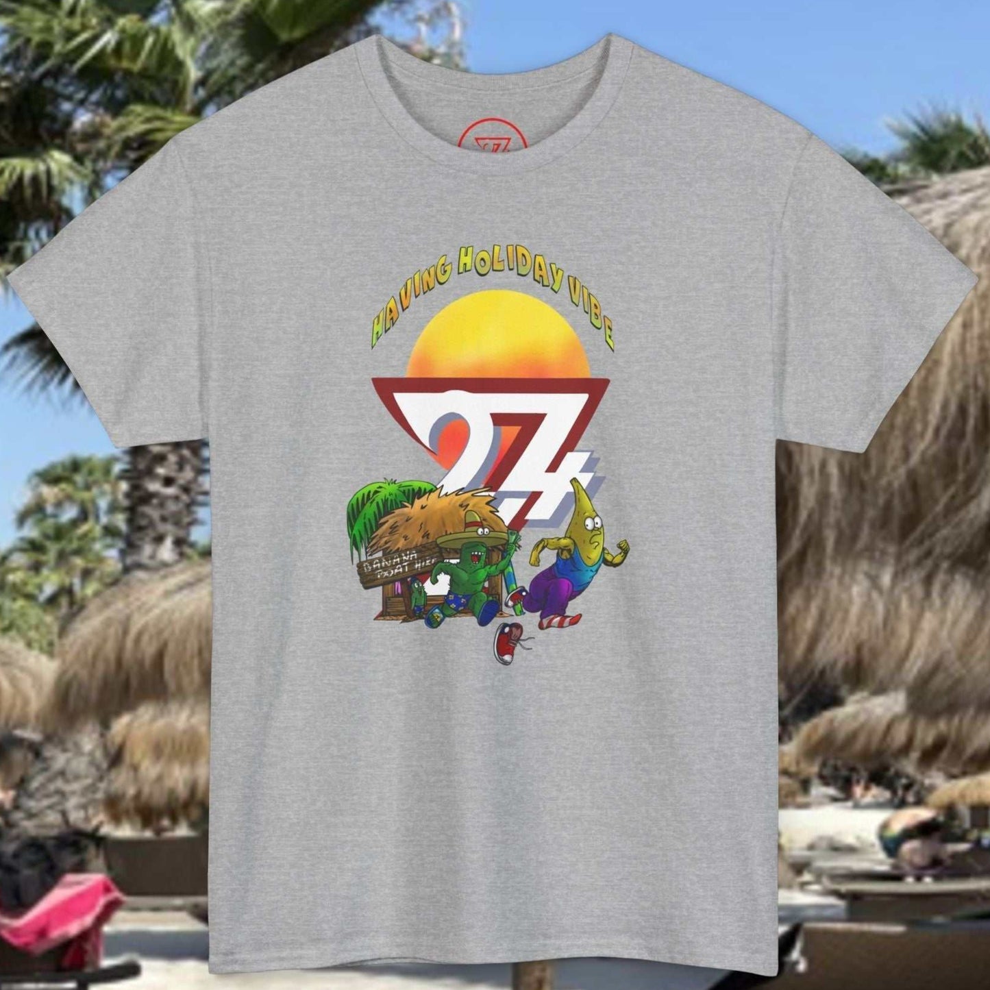 Sport Gray Adult Tropical Summer T-Shirt with unique indie beach heist art.