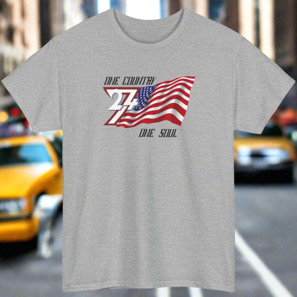 Gray USA T-shirt with "One Country One Soul" slogan and American flag design