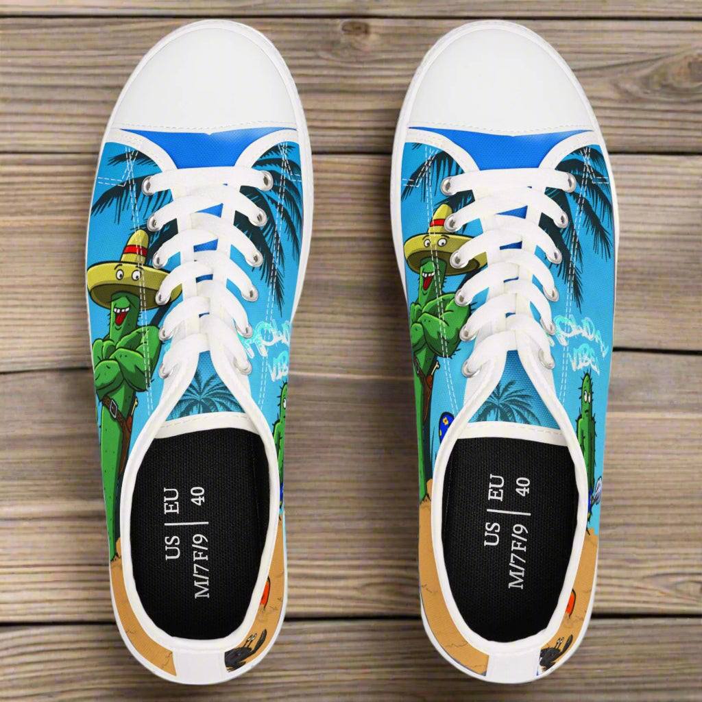 Tropical Beach Sneakers with hand-drawn Leonando and Littleando characters.