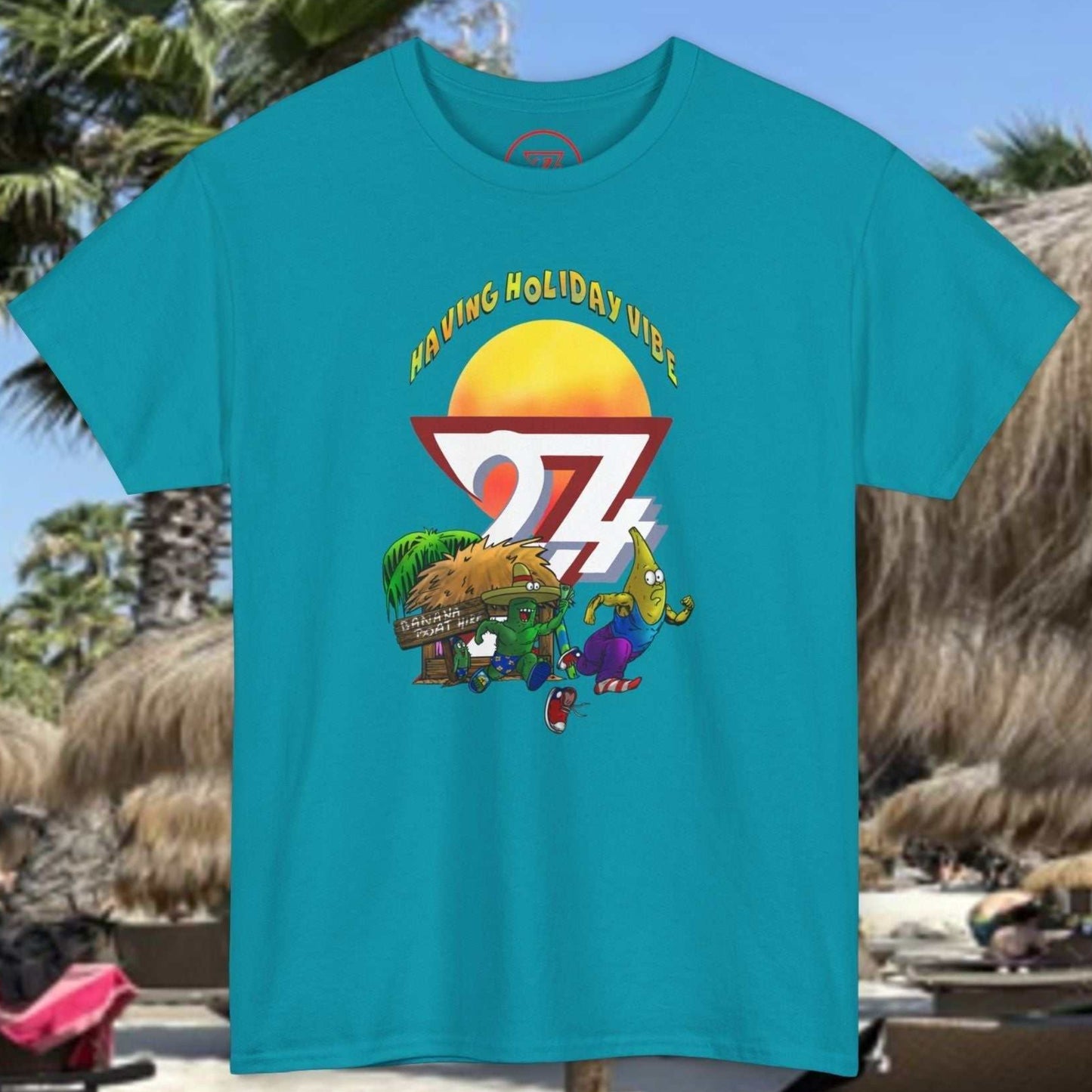 Tropical Blue Adult Summer T-Shirt featuring Banana Boat Hire heist scene.