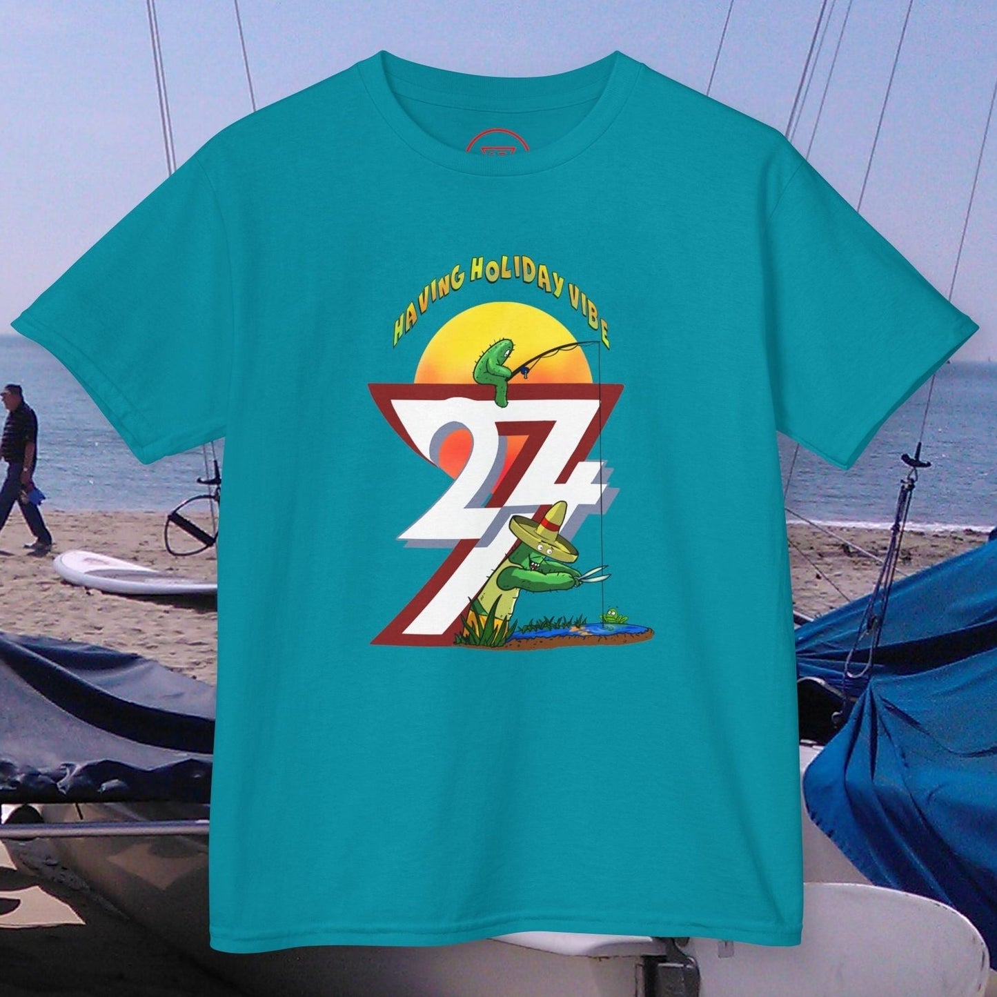 tropical blue kids fishing t-shirt with cactus design in teal, summer outdoor apparel for children with beach and holiday vibes