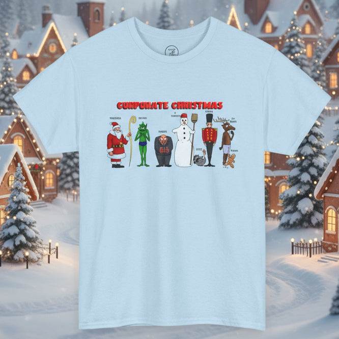 unisex funny Christmas T-shirt with cartoon holiday characters for corporate gift