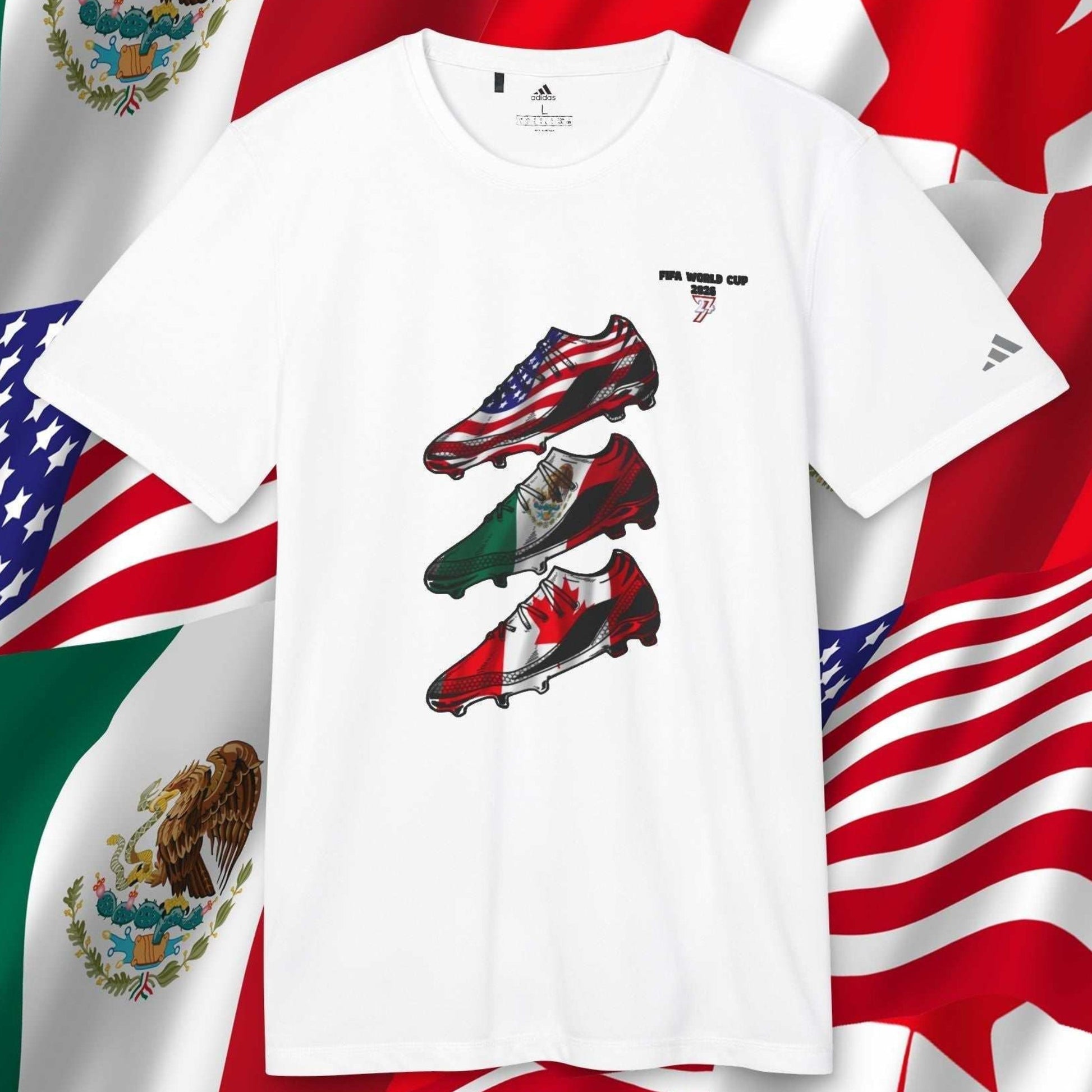 Front view of the 2026 World Cup Adidas shirt in White, featuring the hand-drawn Mexico, USA, and Canada football boot stack graphic in a 90s comic style.