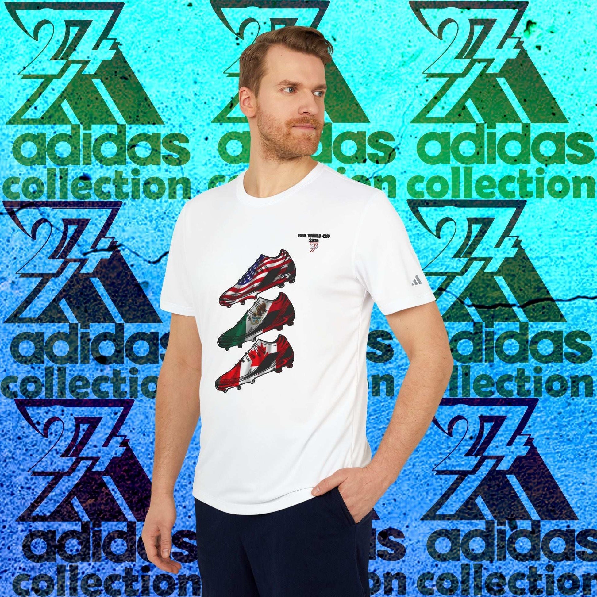 Male model wearing the White Adidas 2026 World Cup Unity Boots tee, showcasing the regular athletic fit and the designer hand-drawn boot stack art.
