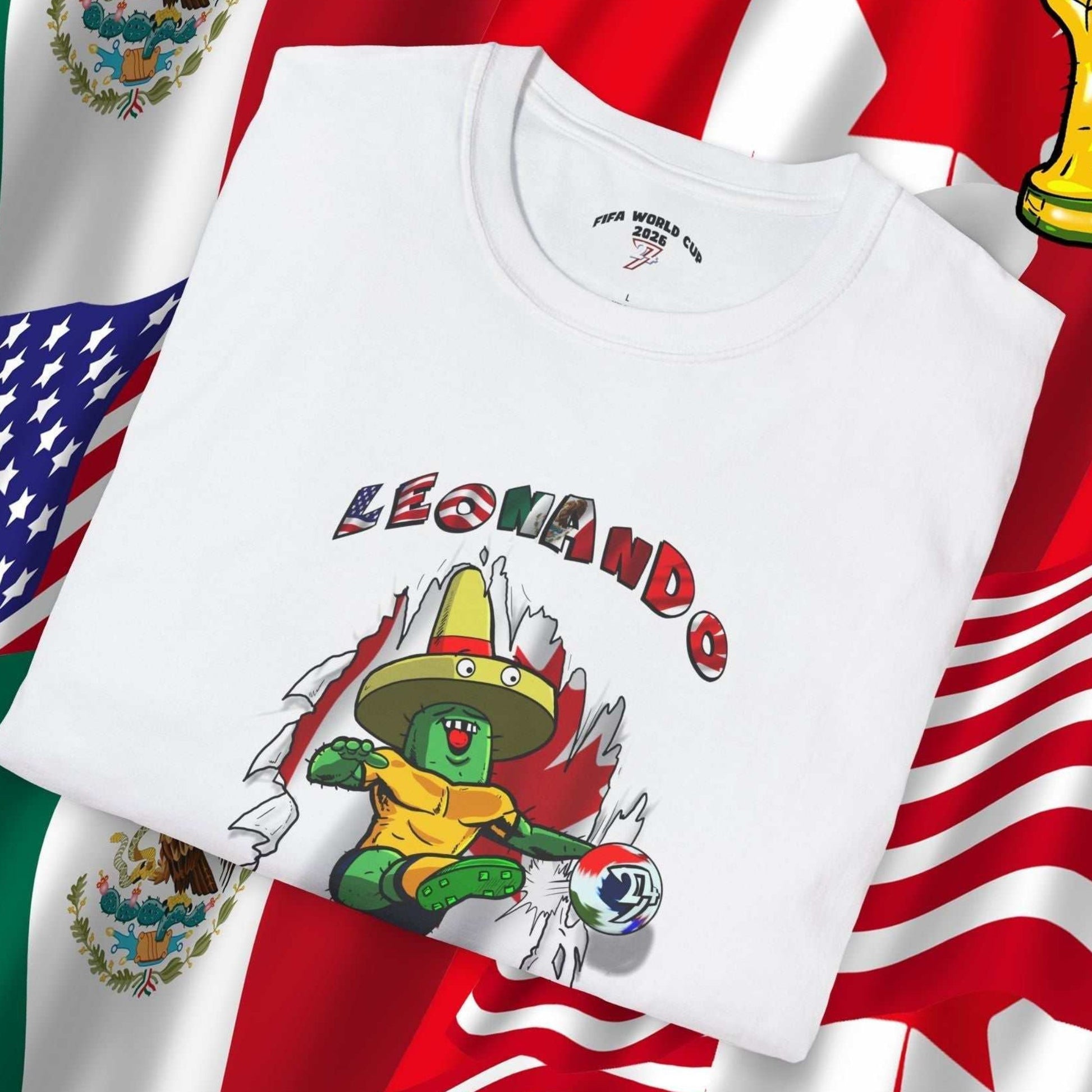 Professionally folded White Leonando Canada shirt, highlighting the 3D shadow work and bold Red/White flag colors.