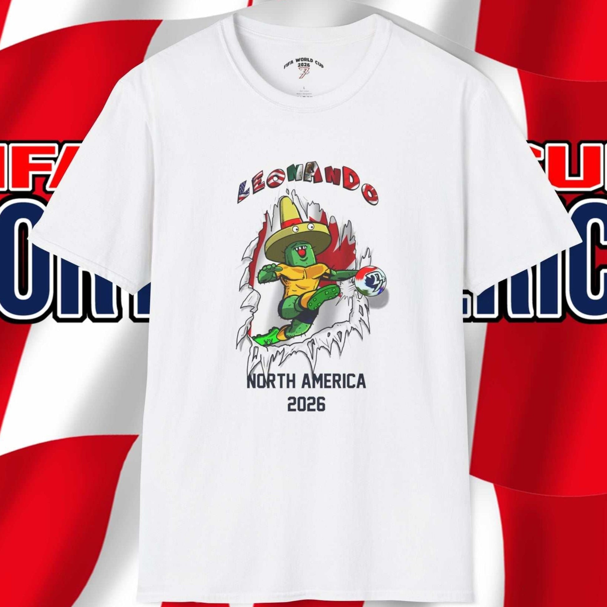 Front view of the 2026 World Cup White tee featuring Leonando the Cactus and a 3D Canada flag breakthrough with visible shadow depth.