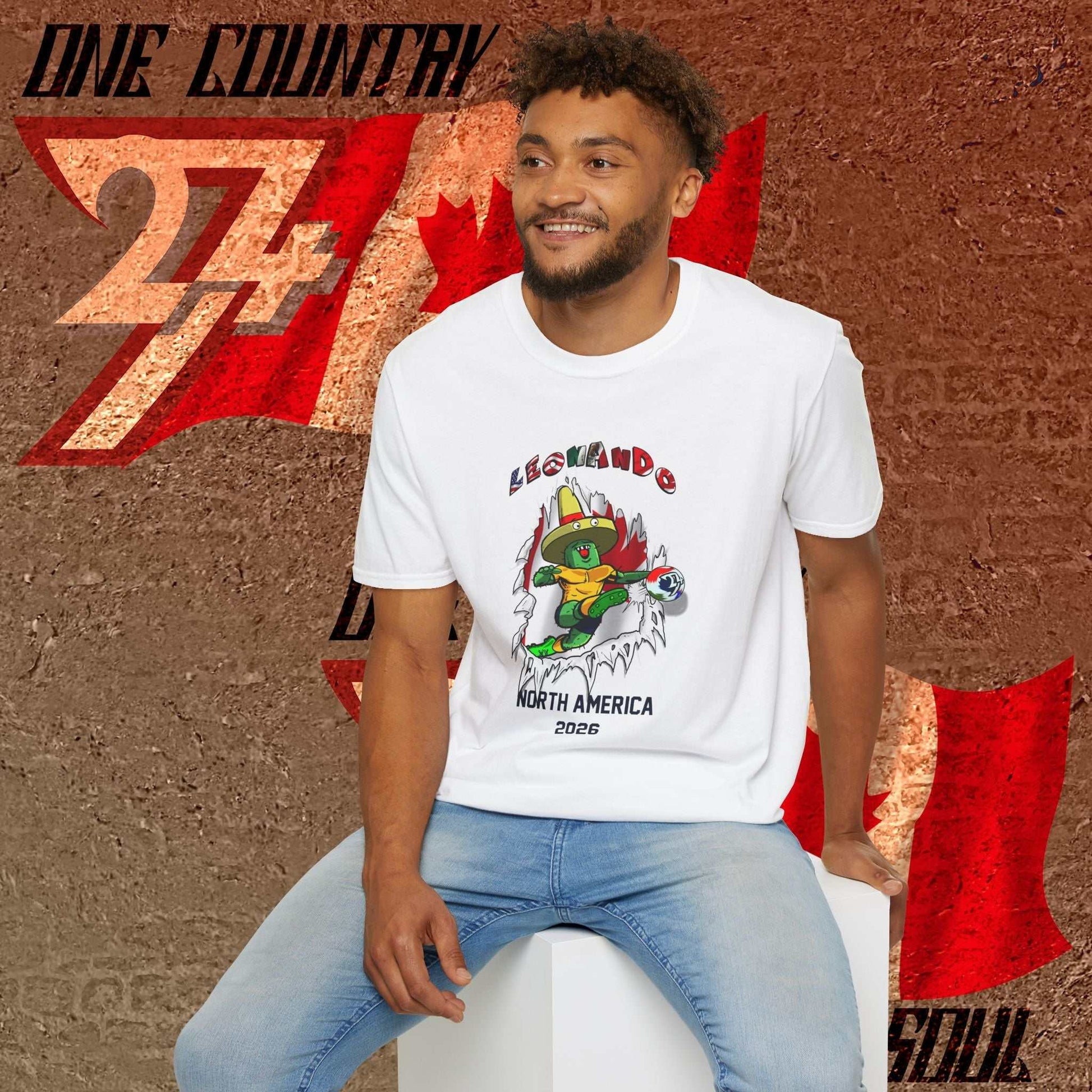 Male model showing the navy 'North America 2026' text on the bottom of the white Canada edition shirt.