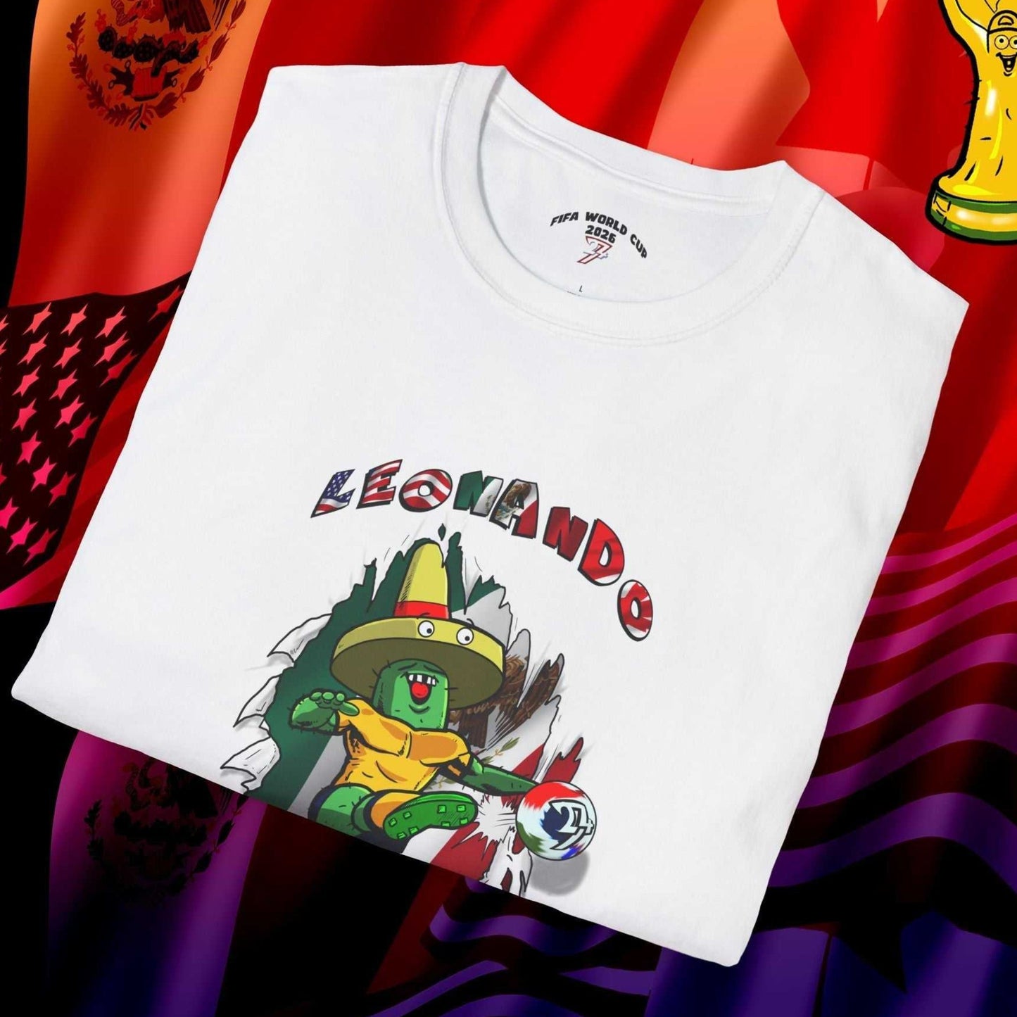 Professionally folded White Leonando Mexico shirt, highlighting the 3D shadow work and vibrant flag colors.