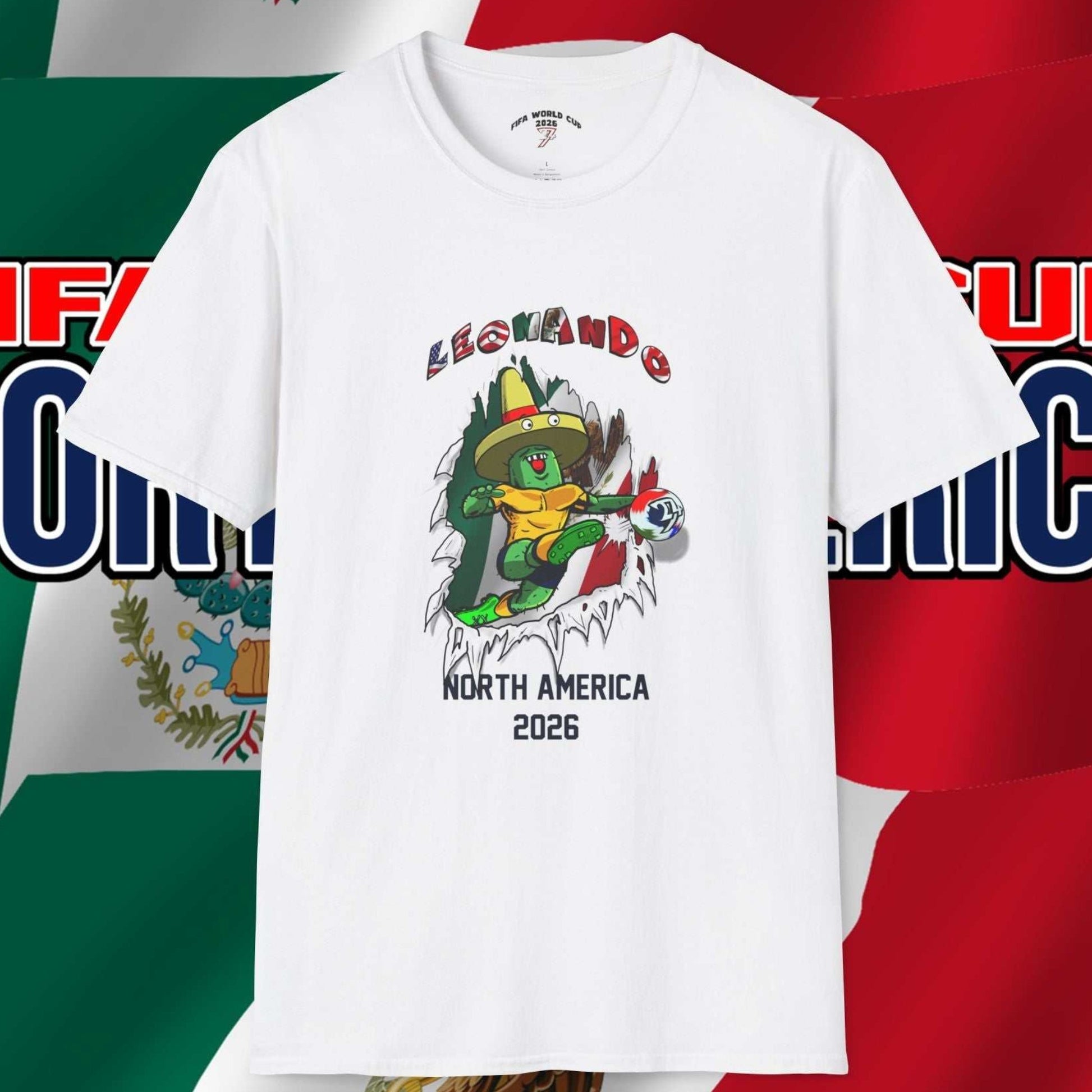 Front view of the 2026 World Cup White tee featuring Leonando the Cactus and a 3D Mexico flag breakthrough with visible shadow depth.