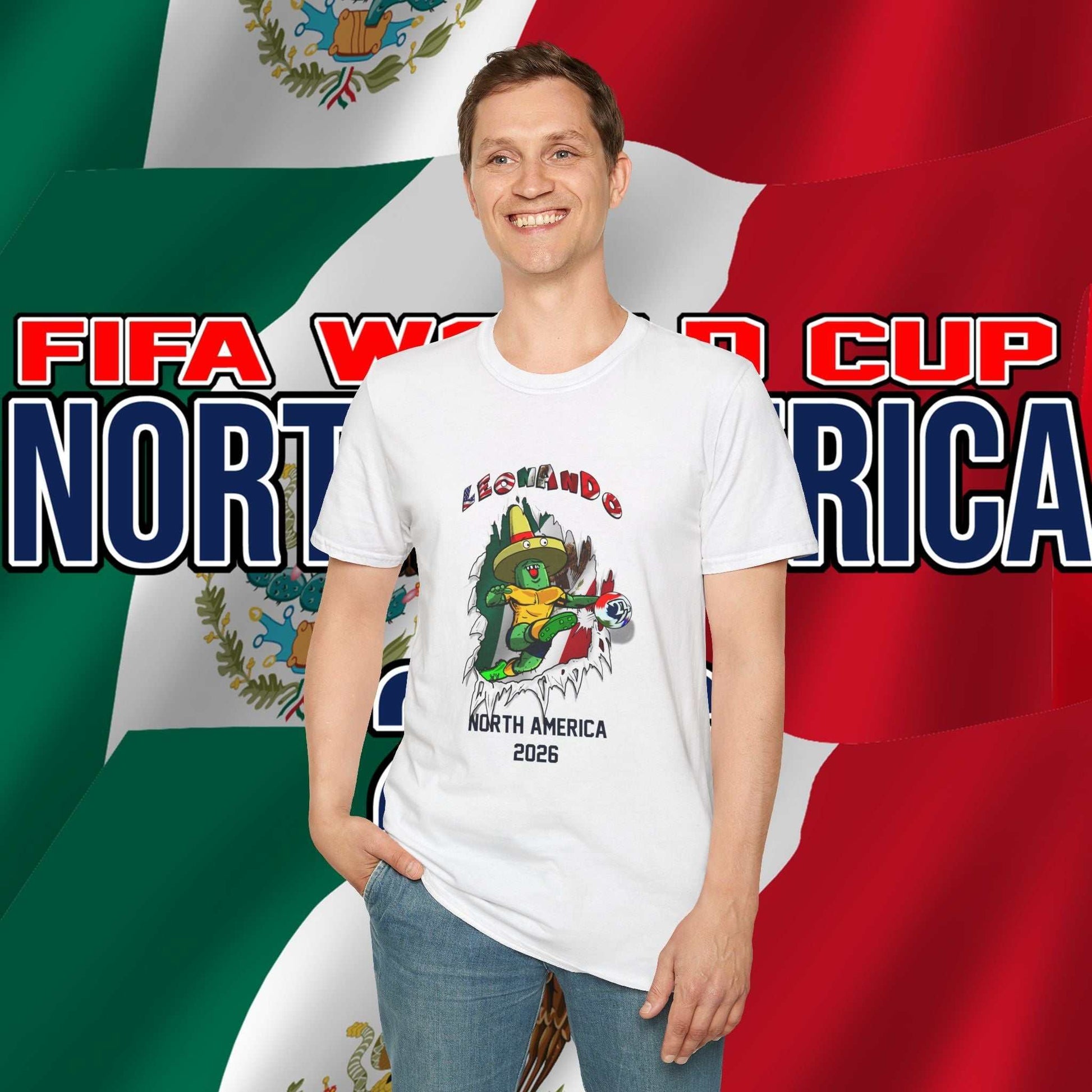 Male model wearing the White Leonando Mexico 'Breakthrough' tee, showcasing the realistic hand-drawn shadow effect.