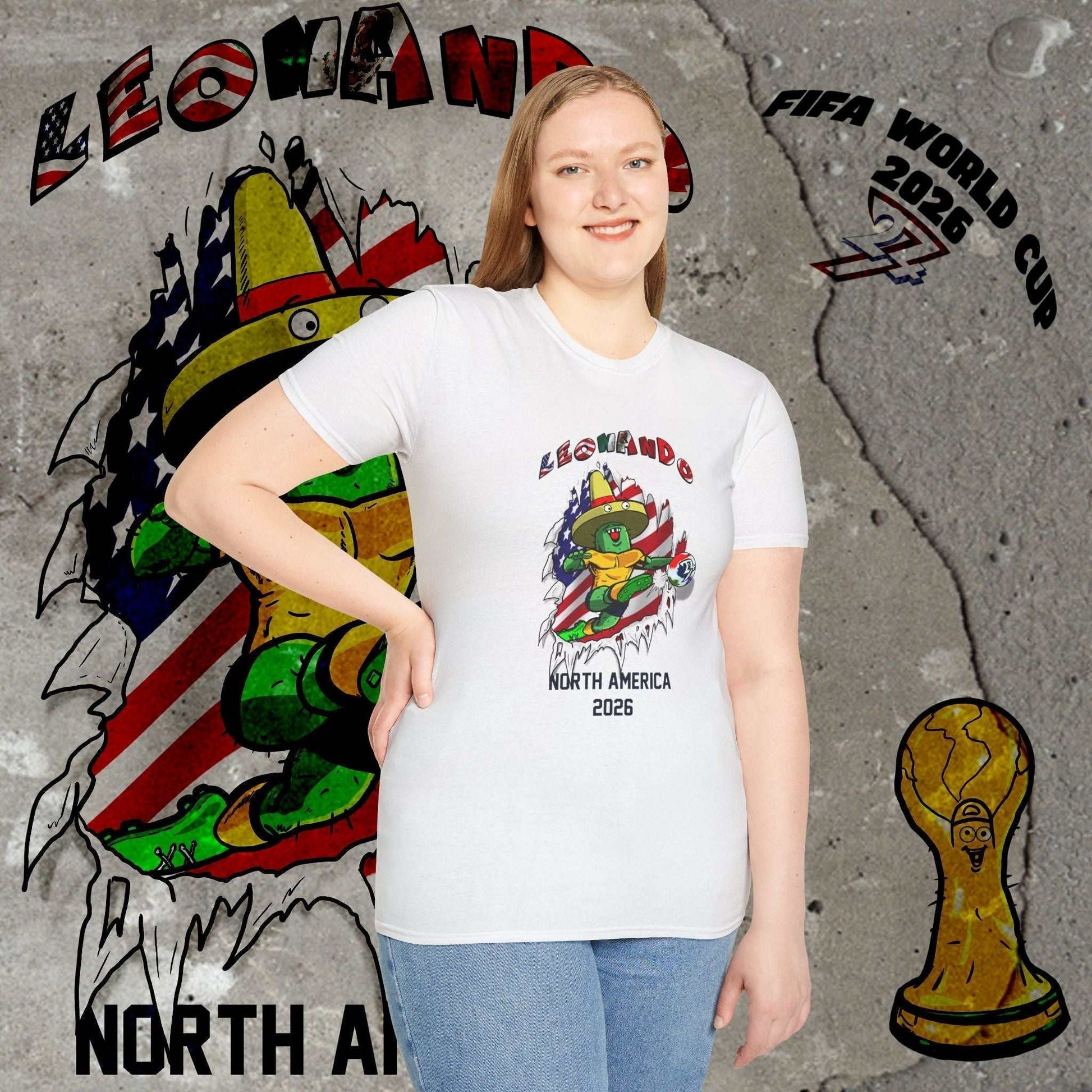 Female model wearing the 3D Leonando USA tee, highlighting the seamless tubular knit construction.