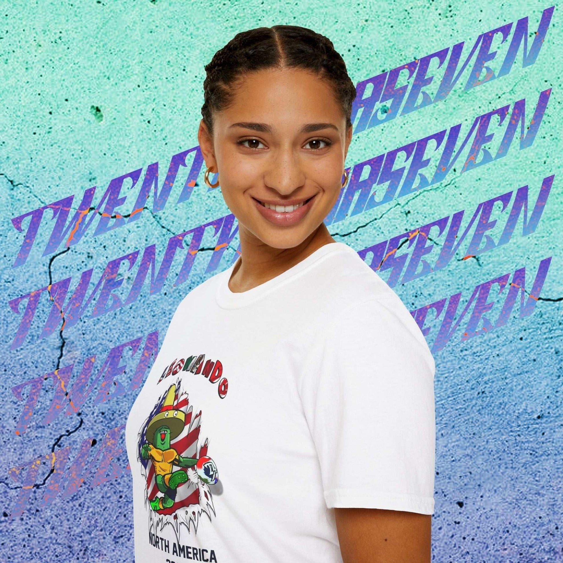 Female model showing the arched tricolor "LEONANDO'S" text and the vivid smudged ball graphic.