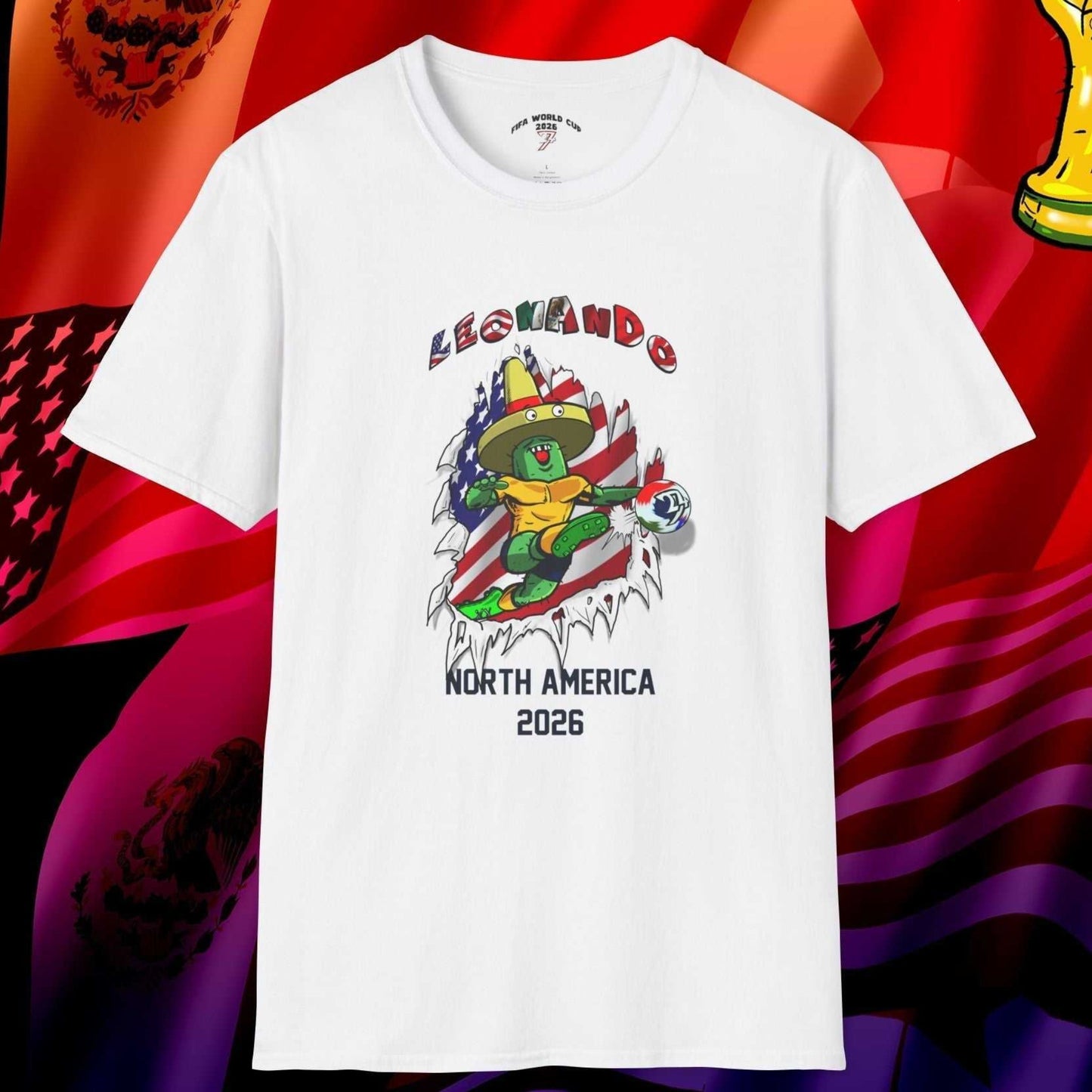Front view of the 2026 World Cup White tee featuring Leonando the Cactus ripping through the fabric with a USA flag background.
