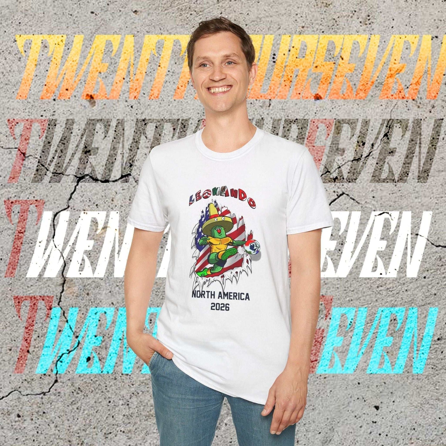 Male model wearing the Leonando 2026 World Cup shirt, showing the athletic drape and 3D graphic impact.