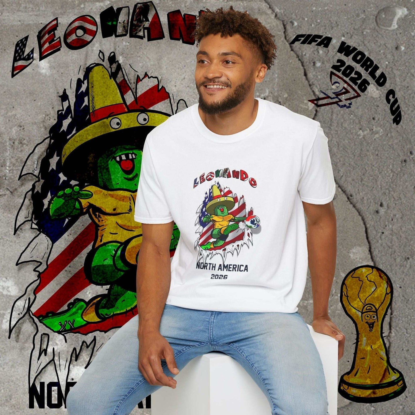 Male model in a lifestyle setting showcasing the "North America 2026" navy blue typography on the white shirt.