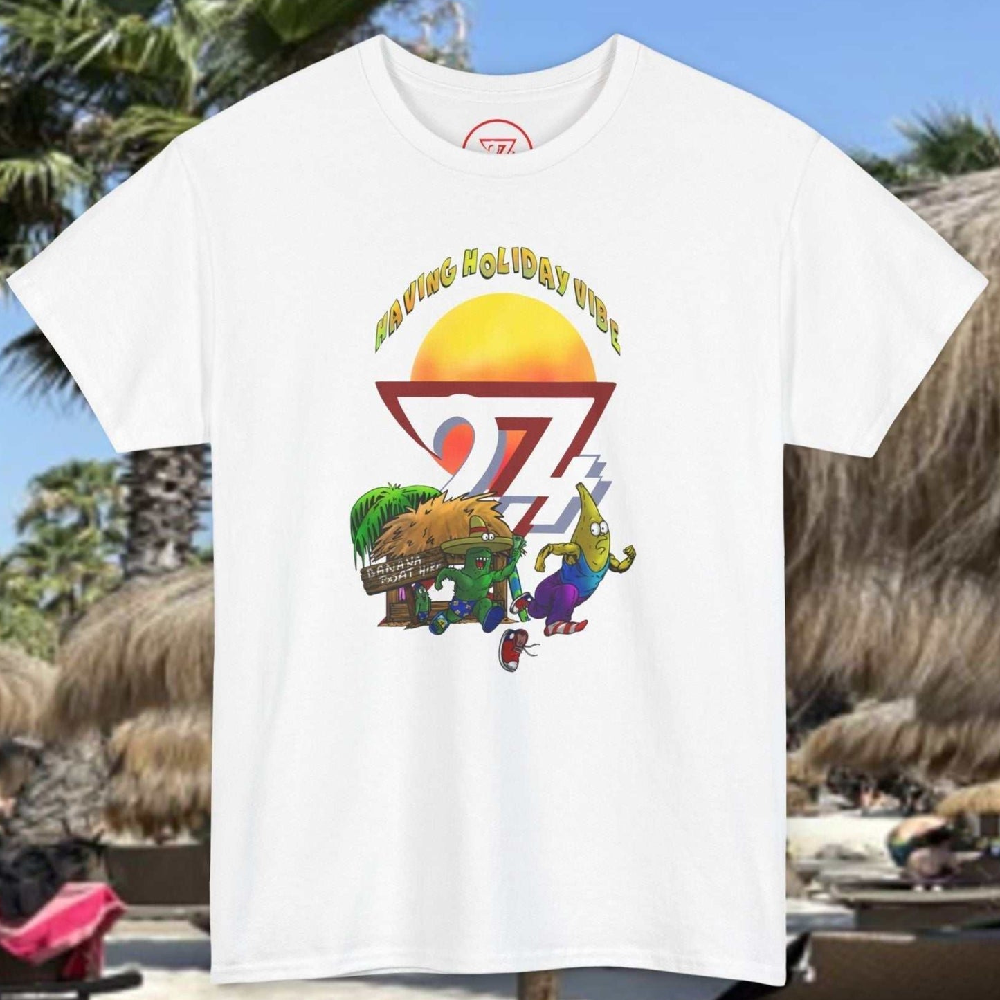 White Adult Tropical Summer T-Shirt featuring Banana Boat Heist comic art.