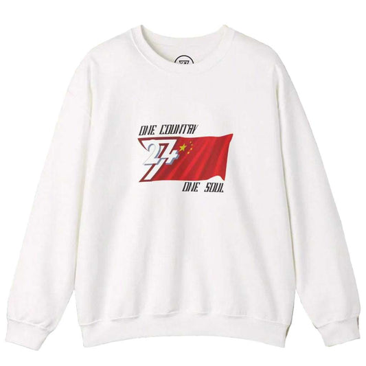 white sweatshirt with China flag design on chest