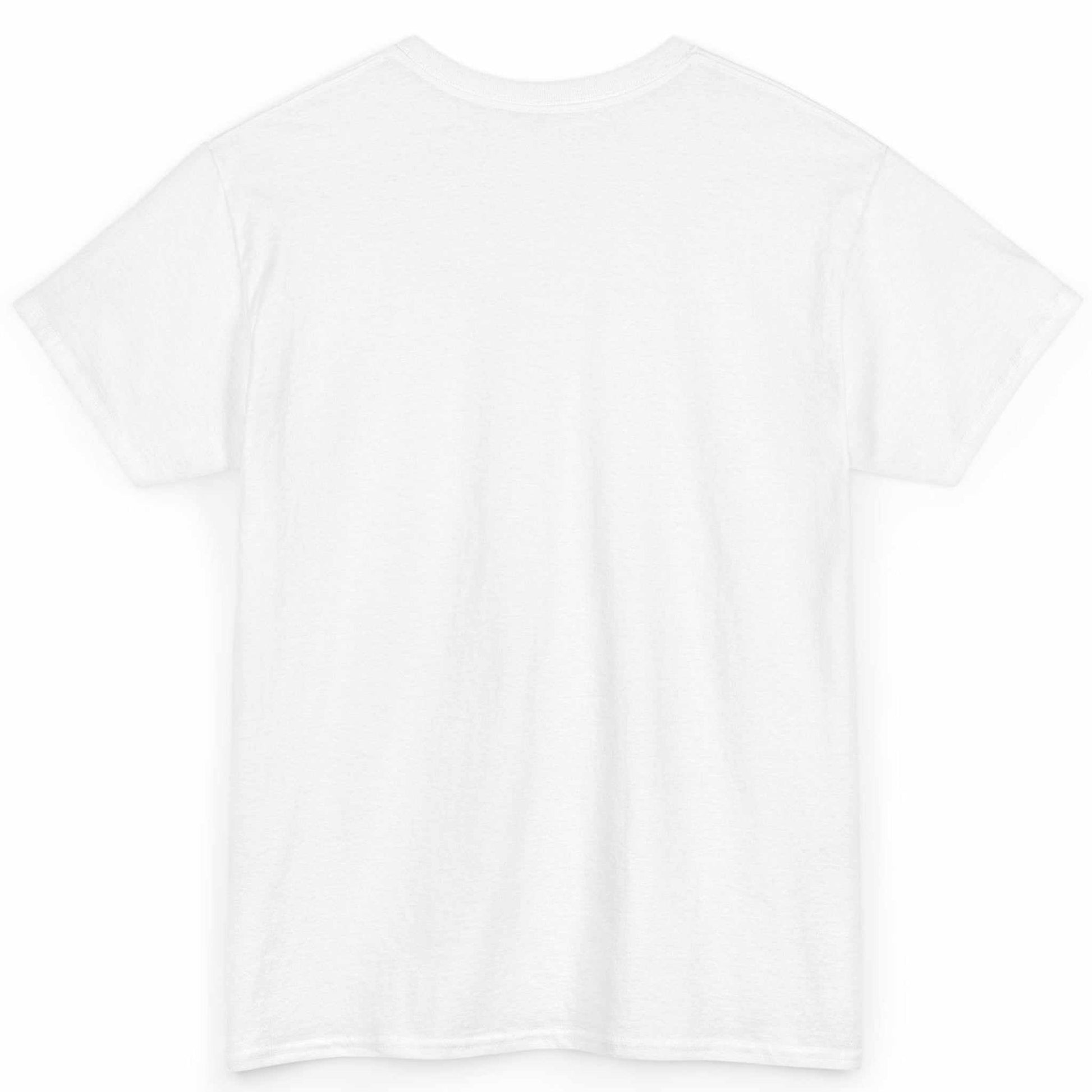 Back view of the white seamless tubular classic fit no AI art shirt, displayed on a clean background.