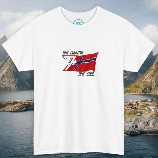 White Norway graphic t-shirt with a graphic design on a scenic background of mountains and water.