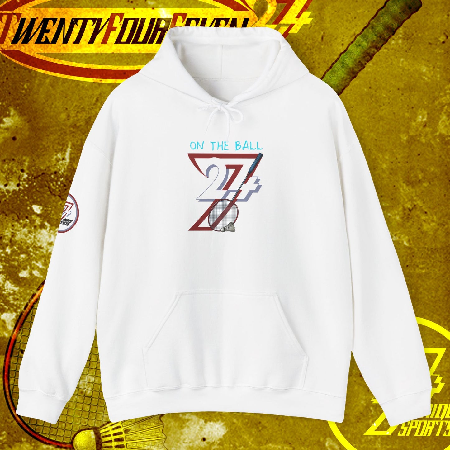 white badminton hoodie with kangaroo pocket and "on the ball" graphic design on front, outdoor sportswear for family and friends gift