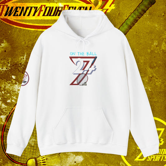 white badminton hoodie with kangaroo pocket and "on the ball" graphic design on front, outdoor sportswear for family and friends gift