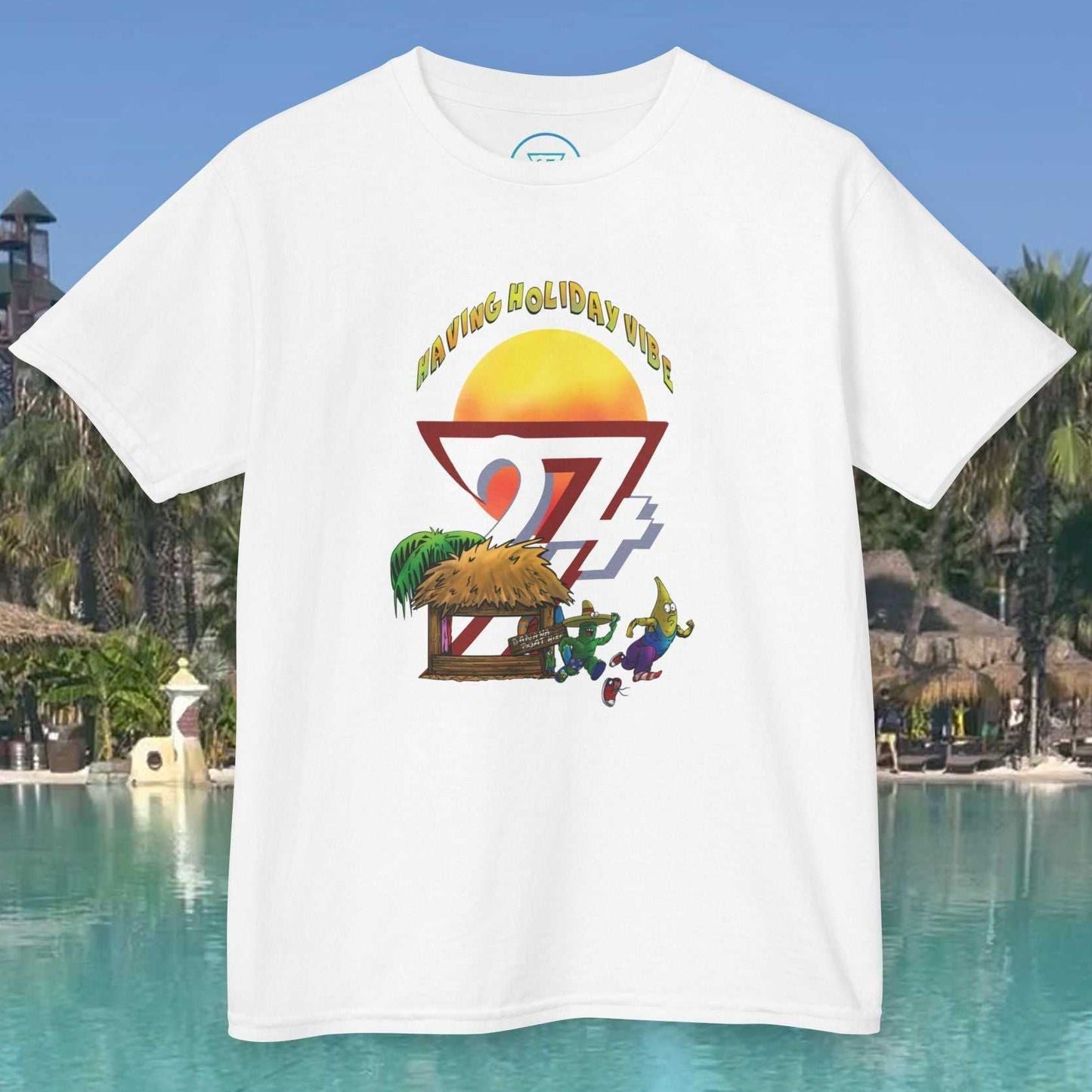 white banana t-shirt with colorful cartoon summer holiday beach design for kids