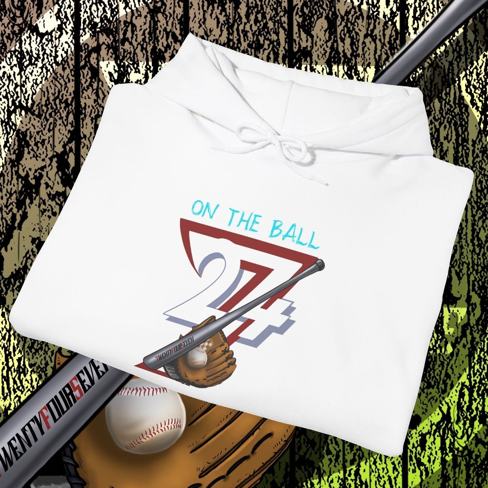 white baseball hoodie with hand-drawn baseball gear graphic, bat, ball, and glove design