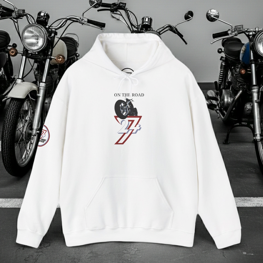 white bike hoodie with vintage bike print and "On The Road" text, casual cotton pullover