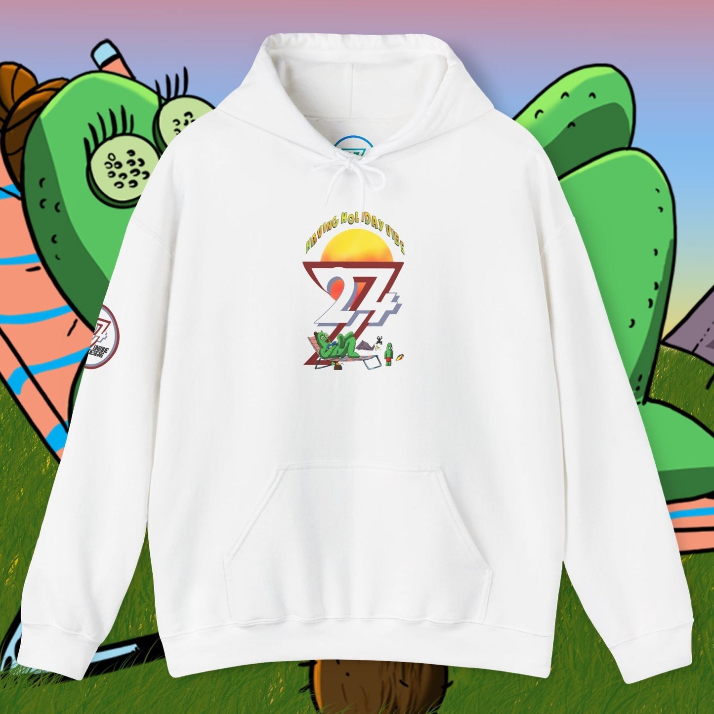 white cactus hoodie with cartoon character design and camping theme, unisex hooded sweatshirt for outdoor and winter wear