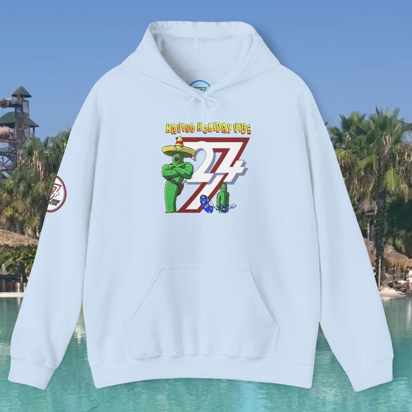 white cactus hoodie with cartoon holiday design and kangaroo pocket