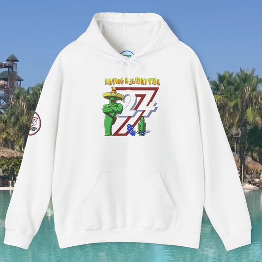 white cactus hoodie with holiday vibe cartoon design and kangaroo pocket