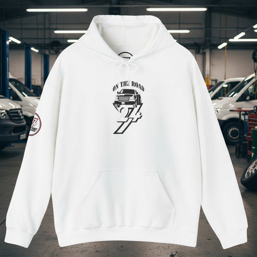 white car hoodie with hand-drawn vehicle design and kangaroo pocket for travel enthusiasts and working men