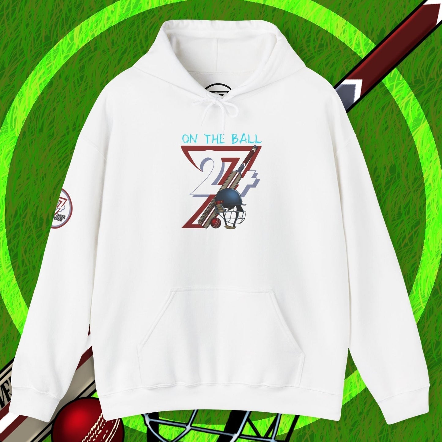 white cricket hoodie sweatshirt with unique cricket illustration and kangaroo pocket on green grass background