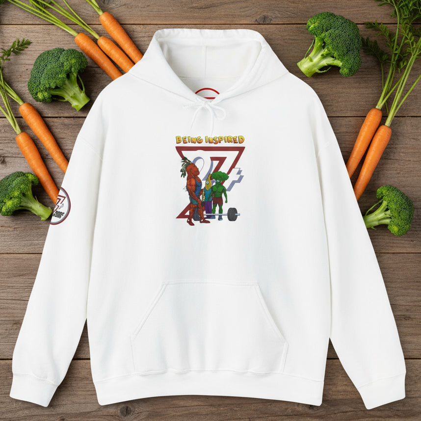 white custom hoodie sweatshirt with banana and broccoli comic workout characters design and kangaroo pocket