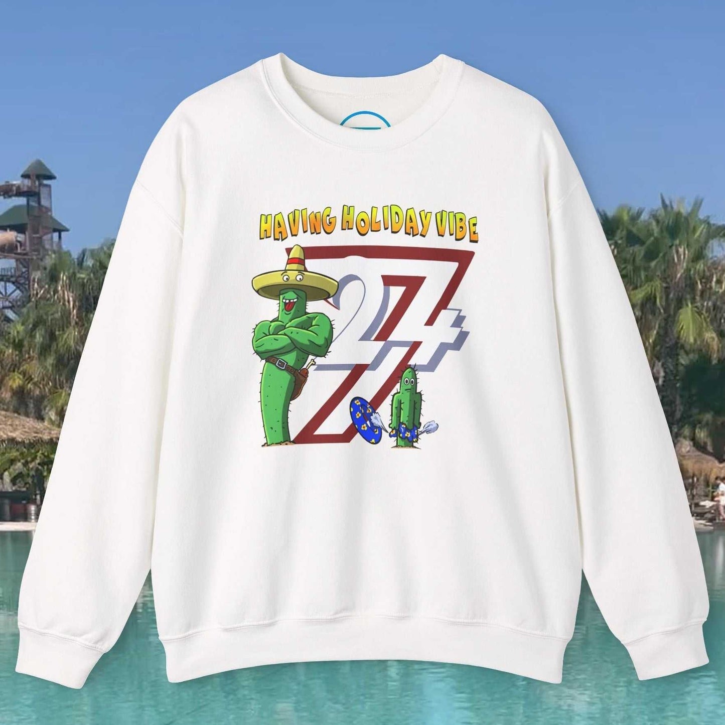 white funny cactus crewneck sweatshirt with cartoon cactus characters and holiday vibe text