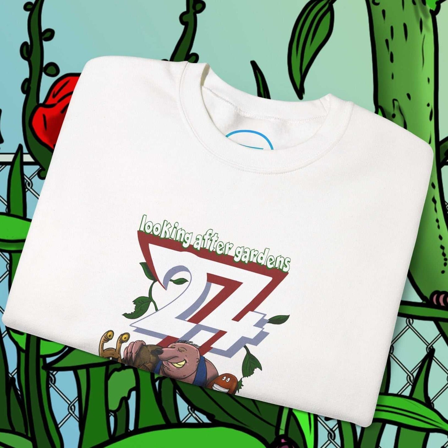 white funny cartoon sweatshirt with gardening squad illustration of snail, mole, and slug on front