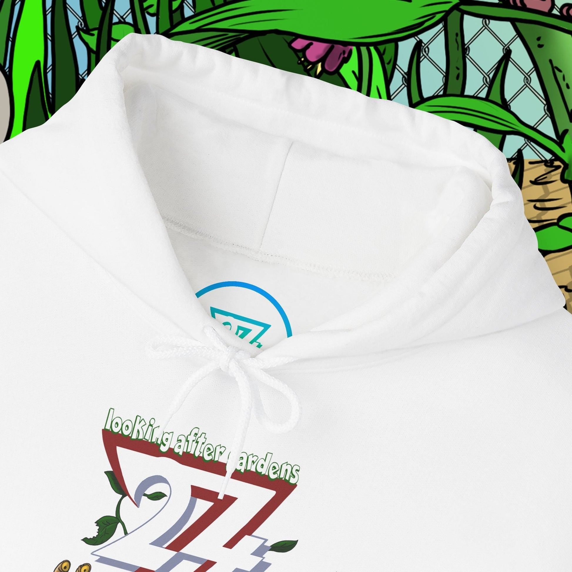 white gardening hoodie with cute hand-drawn slug, snail, and mole cartoon characters and adjustable drawstring hood