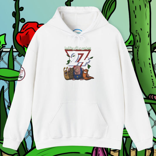 white gardening hoodie with cute cartoon slug, snail, and mole design on front and kangaroo pocket