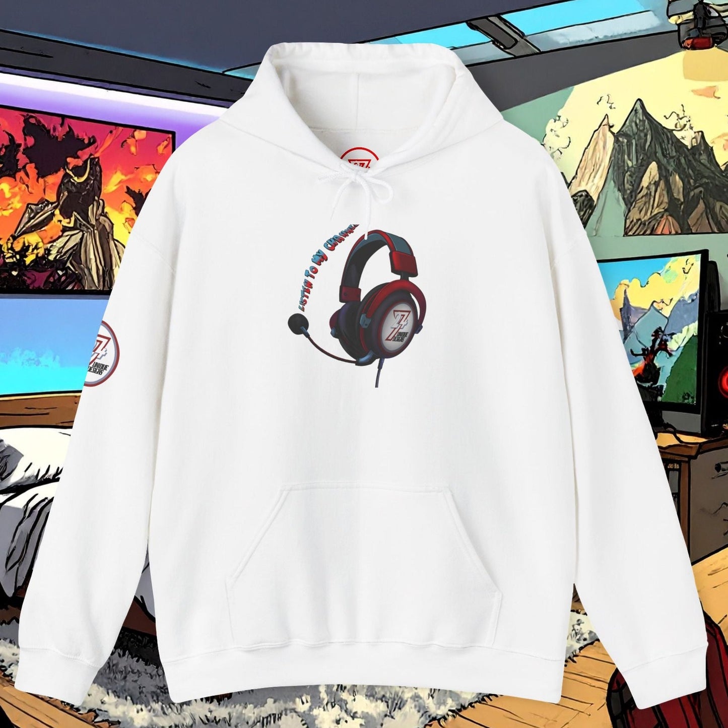 white headset hoodie with headphone graphic and kangaroo pocket for gamers and YouTubers
