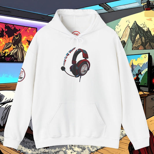 white headset hoodie with headphone graphic and kangaroo pocket for gamers and YouTubers