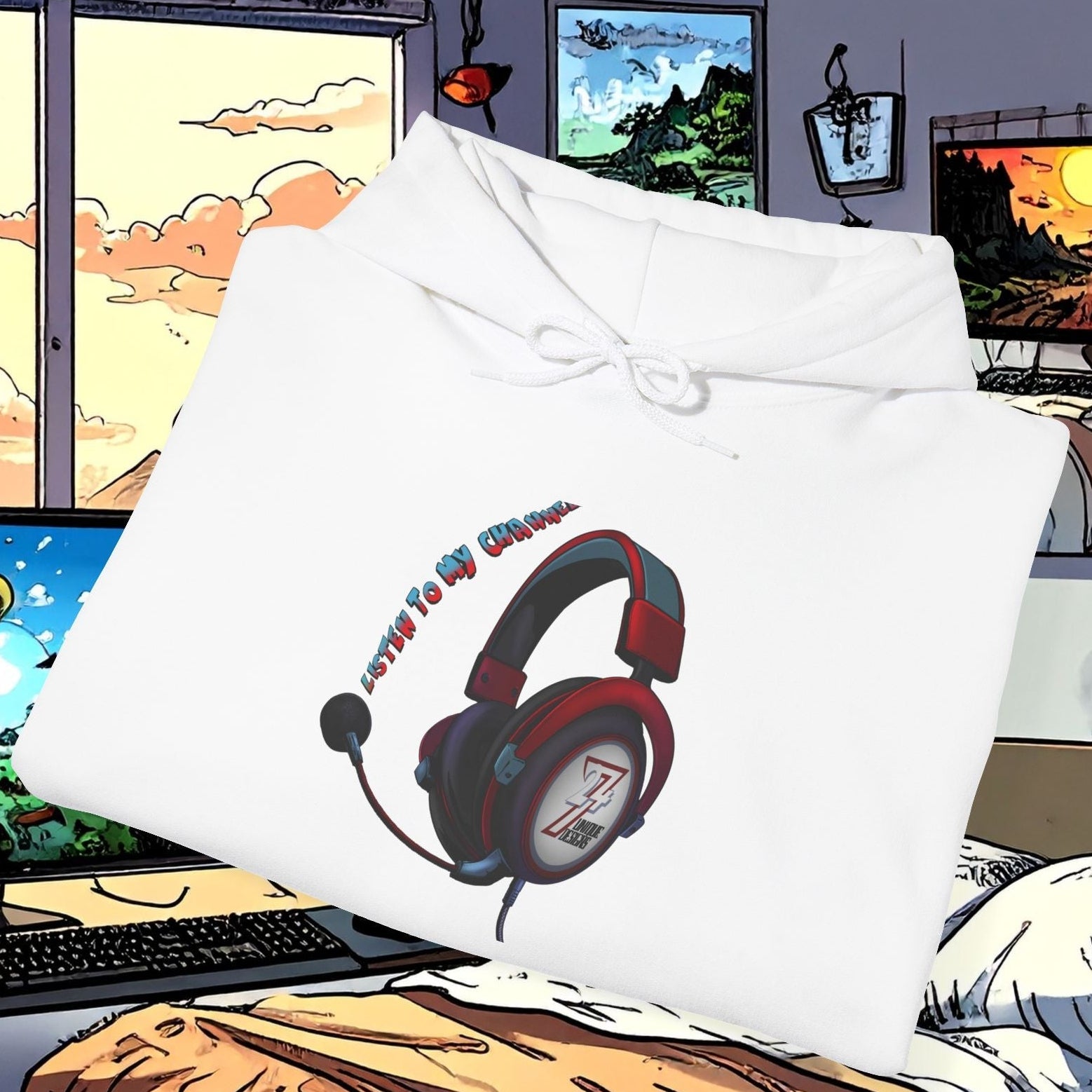 white headset hoodie with red and black headphone design folded on gaming desk background