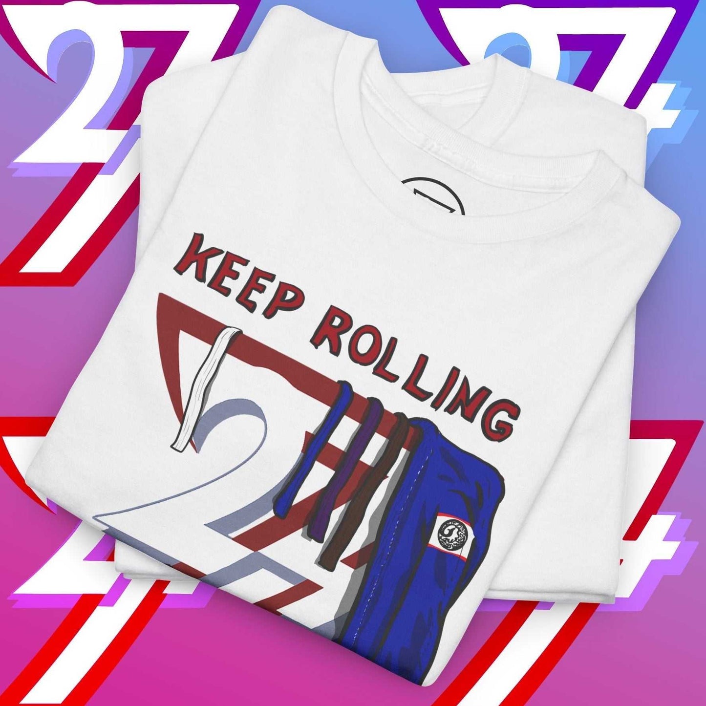 white jiu-jitsu t-shirt with "Keep Rolling" graphic and BJJ belt design folded on gradient background