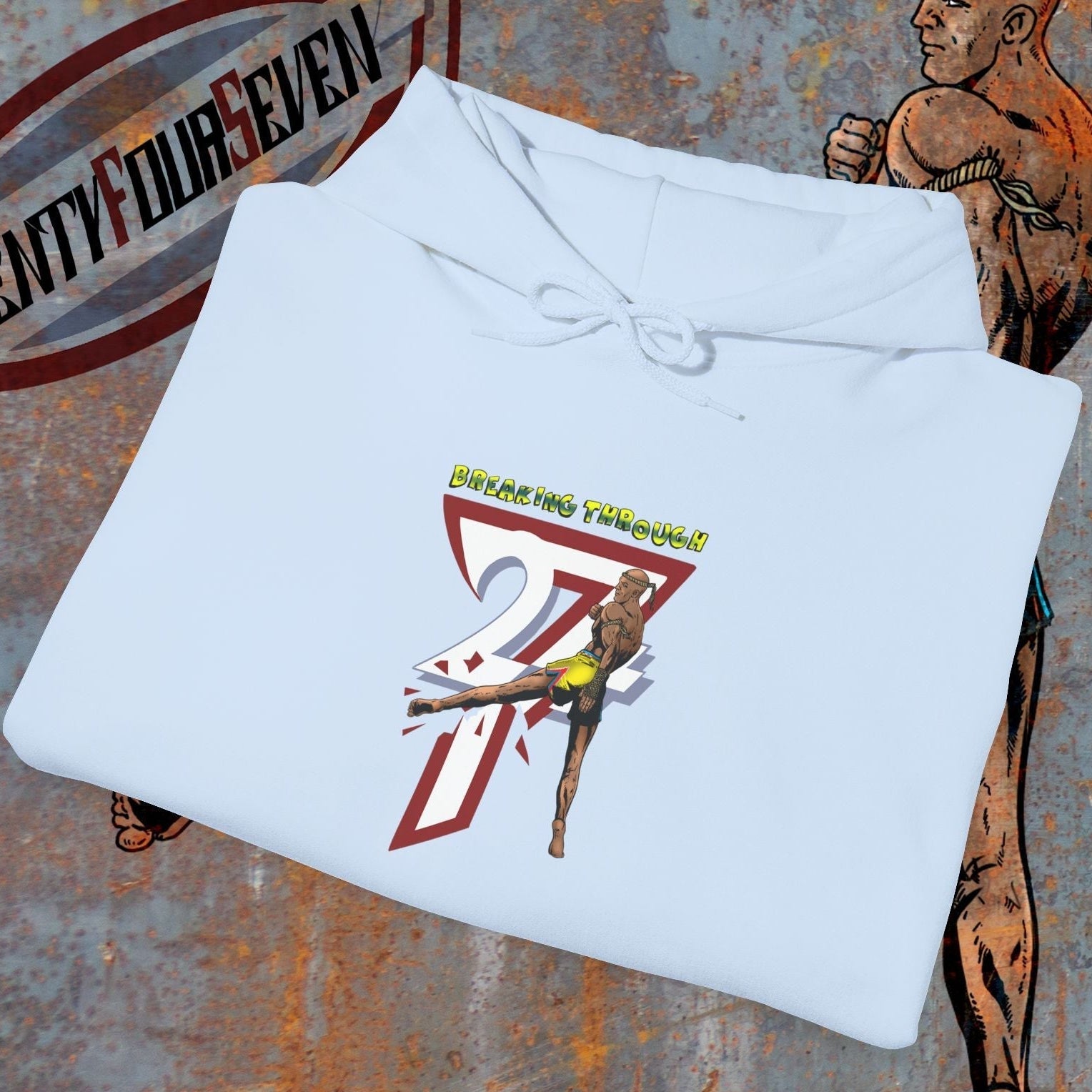 white muay thai hooded sweatshirt with combat sports design and kangaroo pocket